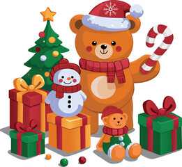 Christmas card with gifts and characters