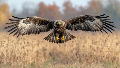 Obraz premium Majestic Steppe Eagle Soaring Through European Skies - Wildlife Scene Of A Dark Brown Bird Of Prey In Flight.