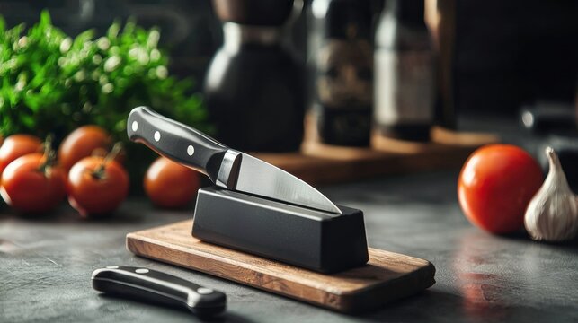A knife is on a wooden block next to a cutting board with tomatoes and garlic