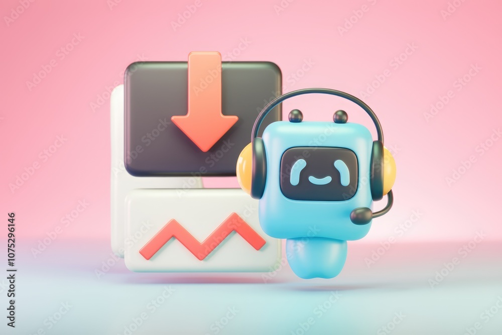 Aufkleber a 3d rendering of a blue robot with headphones and a download icon.