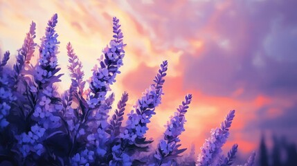 Obraz premium Oil painting depicting purple flowers against a beautiful sunset backdrop capturing the serene beauty of nature