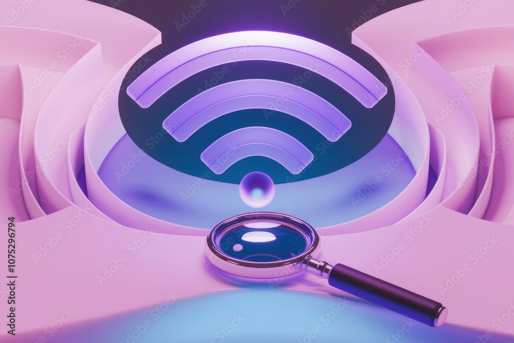 Poster a magnifying glass investigates a glowing wifi symbol in a 3d abstract scene.