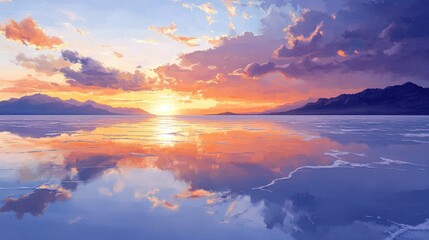 Fototapeta premium Oil painting depicting a sunset over expansive salt flats showcasing the serene beauty of the landscape during twilight hours