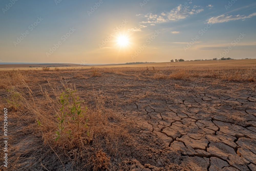 Poster the landscape shows dry earth filled with cracks, with sparse vegetation struggling to survive under