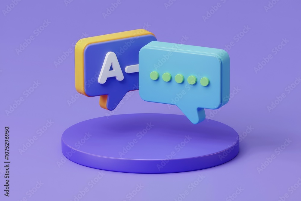 Poster 3D render of speech bubbles with A  and dots on a purple background.