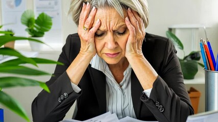 Amidst piles of documents and charts, a professional woman battles frustration and stress in a lively office, seeking clarity and control over her workload