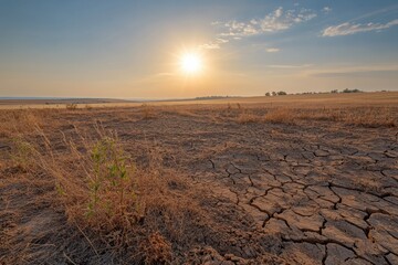 The landscape shows dry earth filled with cracks, with sparse vegetation struggling to survive under the intense sunlight. Generative AI