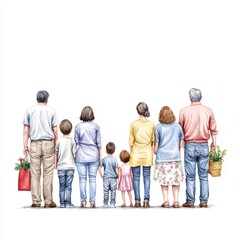 A group of diverse family members standing together, facing away against a white background.