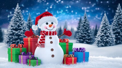 Obraz premium A festive winter landscape with a cheerful snowman wearing a red Santa hat and scarf, standing in the foreground surrounded by colorfully wrapped gift boxes.