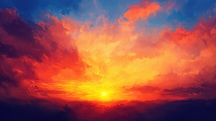 Obraz premium Oil painting of a stunning vibrant sunset featuring grain noise and soft focus due to long exposure showcasing rich colors and a dreamy atmosphere