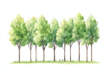 A row of lush green trees against a white background, showcasing nature's beauty and tranquility.
