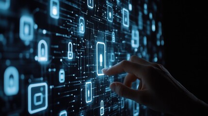 Obraz premium Hand reaching to touch virtual world, cyber security and privacy, artificial intelligence applications in virtual environments.