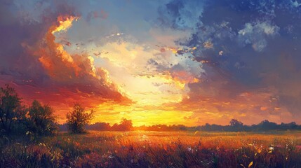 Fototapeta premium Vibrant oil painting depicting a stunning evening landscape with rich colors and dramatic skies