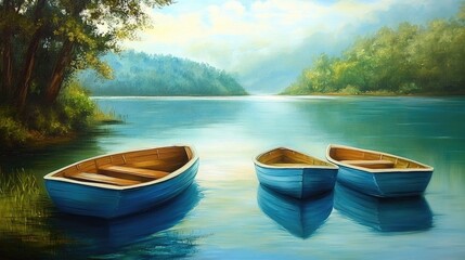 Oil painting depicting three serene boats on a tranquil lake