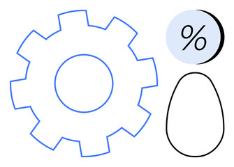 A blue gear, a light blue percentage sign, and a black outlined egg symbolize efficiency, statistical analysis, and growth potential. Ideal for business, engineering, education, agriculture