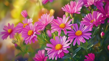 Obraz premium Oil painting featuring vibrant pink aster blossoms in full bloom