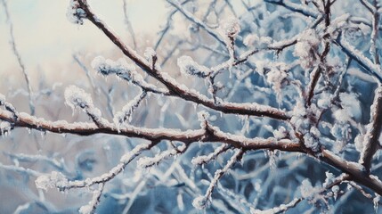 Close up oil painting of a frozen tree branch showcasing frost on plants in a winter landscape with snow covered nature and frosty branches