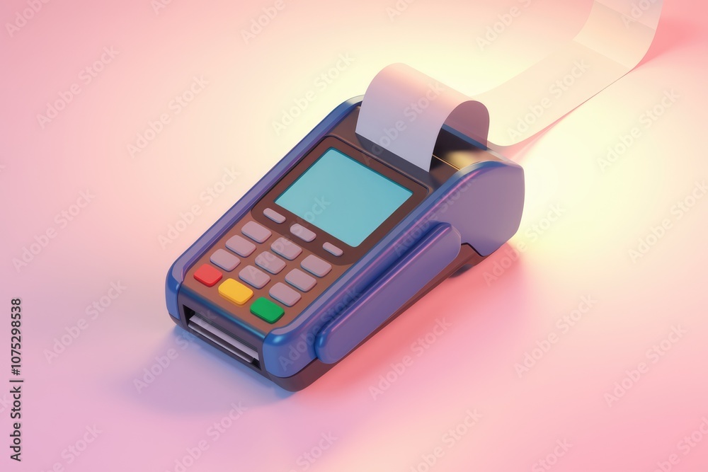 Poster a blue pos terminal with a receipt printing out.