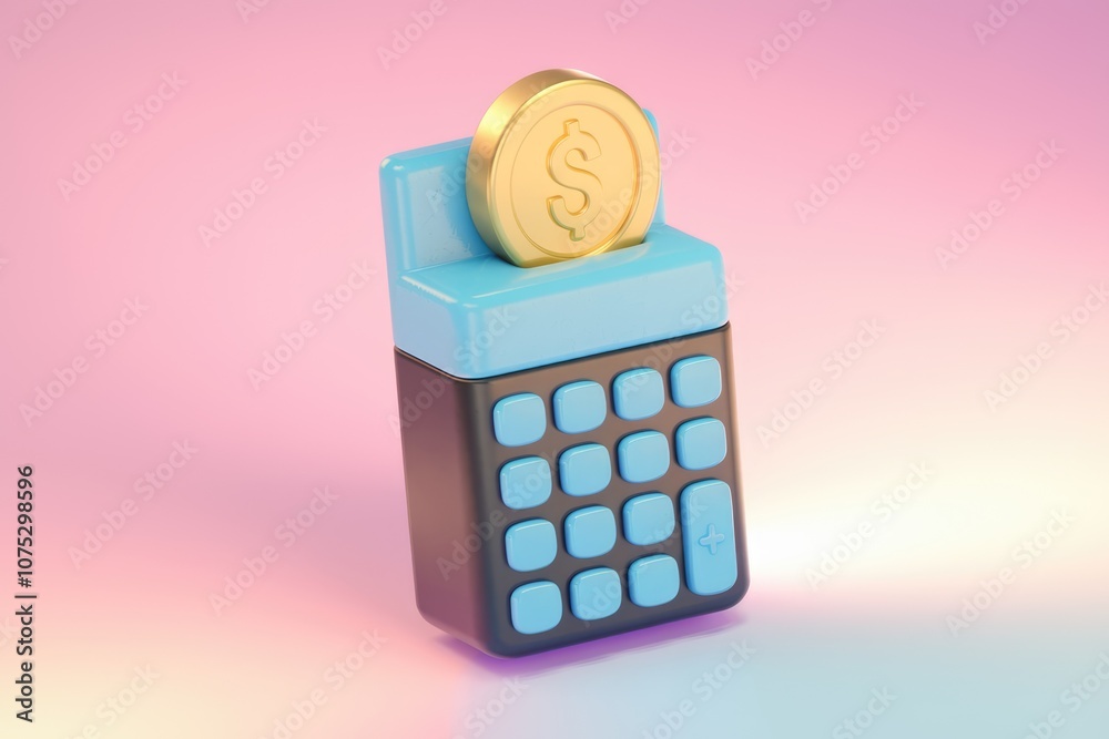 Poster a 3d rendered calculator with a gold coin on top.