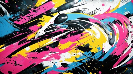 Vibrant abstract mural featuring dynamic splashes of pink, blue, yellow, and white against a dark background.
