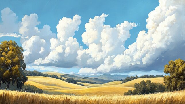 Oil painting of a beautiful landscape featuring rolling hills and dramatic clouds capturing the essence of serene nature and picturesque scenery