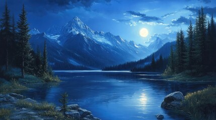 Oil painting capturing a serene lake surrounding trees and majestic mountains at night offering a beautiful natural landscape