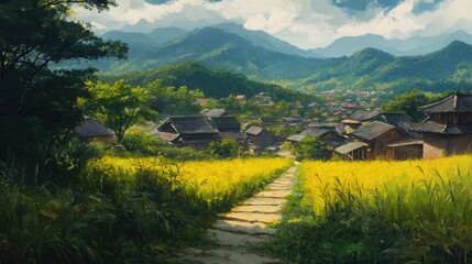 Obraz premium Oil painting depicting the natural scenery of a historical region showcasing vibrant landscapes and traditional architecture within a renowned heritage area