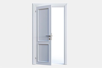 A white door with a modern handle, closed and reflecting an interior space in its window.
