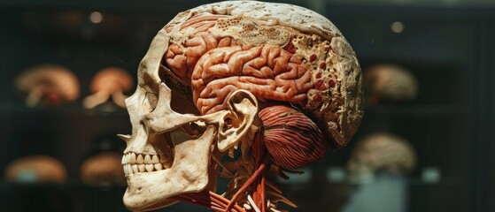 An anatomical skull model with exposed brain is showcased against a dark background. Other blurry models and people observing it are visible. Likely in a museum setting.