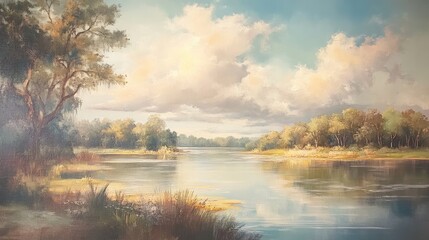 Oil painting depicting a stunning river landscape