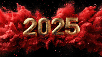 Gold 2025 Text Amidst Red Powder Explosion on Dark Background. New Year Celebration and Festive Design