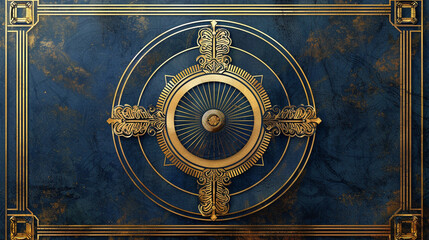 Naklejka premium An art deco-inspired flyer from the 1920s, featuring ornate, symmetrical patterns in metallic gold and deep blue, along with elegant borders, giving it a luxurious and timeless look.