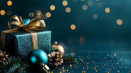 Stylish christmas present adorned with golden ribbon, turquoise ornaments, pine cones, and shimmering gold, setting a joyful mood