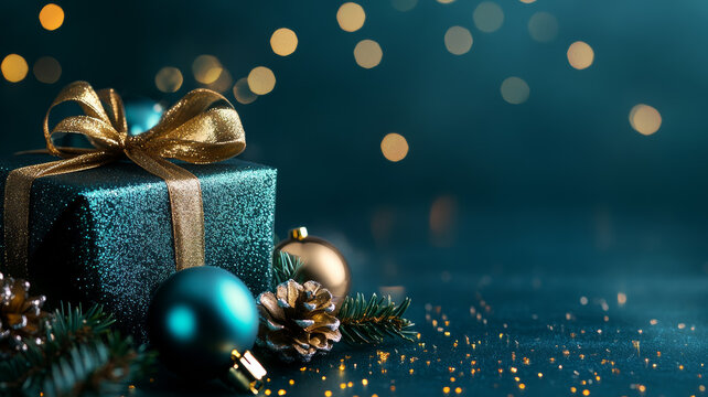 Stylish christmas present adorned with golden ribbon, turquoise ornaments, pine cones, and shimmering gold, setting a joyful mood