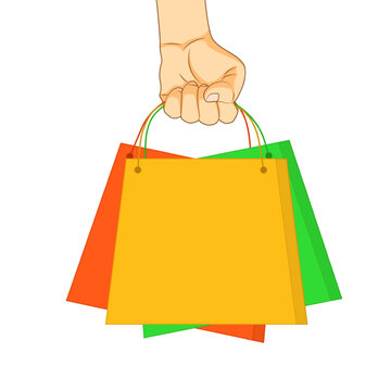 recommend clip art: Vector illustration of hand holding colorful shopping bags on transparent background