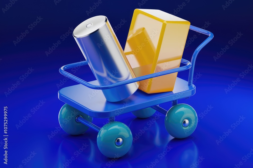 Poster a blue toy shopping cart with yellow and silver objects inside.