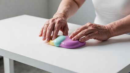 Hands engaging with colorful therapeutic slime during an occupational therapy session