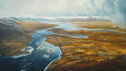 Naklejka premium Oil painting depicting an aerial perspective of pristine wilderness in a remote Arctic landscape