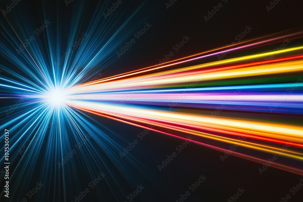 Poster light refracted through a glass prism creates a colorful spectrum against a dark backdrop