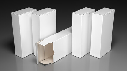 Mockups of closed vertical and open horizontal cardboard boxes. 3d illustration on gray background