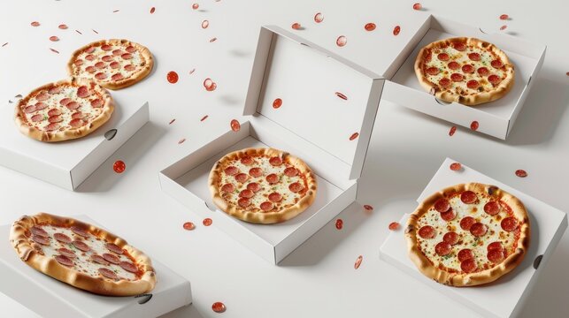 Image displays various pepperoni pizzas in white delivery boxes on a table, some fully visible and others partially, with scattered pizza slices around.