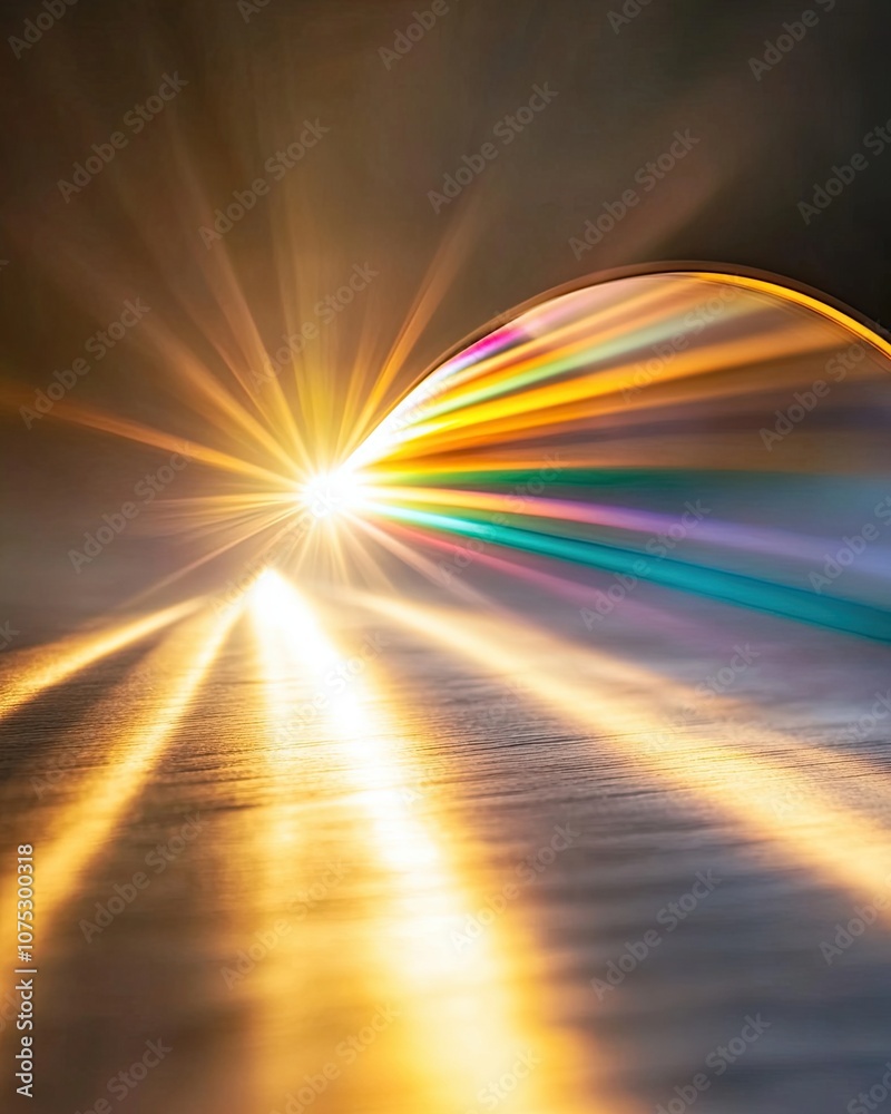 Aufkleber light refracts through a glass prism, creating a vibrant rainbow spectrum in darkness