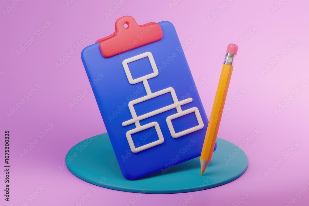 Aufkleber 3D rendering of a clipboard with a hierarchy diagram and a pencil.