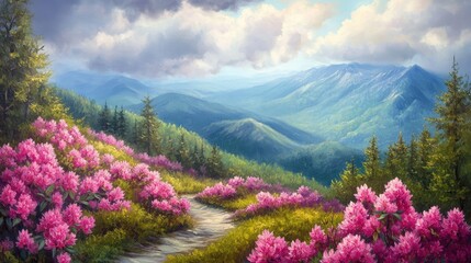 Fototapeta premium Oil painting depicting a stunning mountain landscape with vibrant pink rhododendrons adorning green slopes a winding trail and lush wooded hills under a cloudy sky
