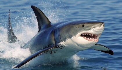 Naklejka premium Great White Shark, Carcharodon Carcharias, Breaching the Surface of the Water While Hunting