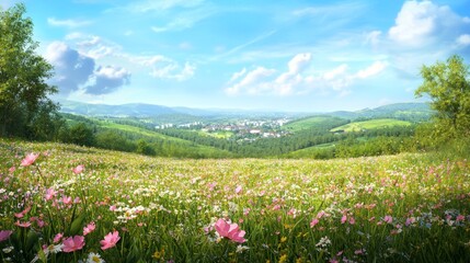 Fototapeta premium Nature vs. Urbanization: A Surreal 3D Render of a Meadow in Conflict with Development, Ultra-Detailed Digital Artwork