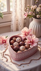 Valentine's Day gift box with chocolate candies and flowers, romantic mood, elegant decor, copy space