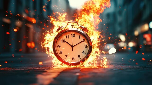 Fire has destroyed a clock, and the time is now 11:55. Concept of urgency and chaos, as the clock has been reduced to ashes and the time is almost up