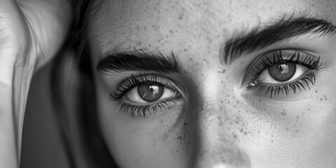 Fototapeta premium Stylized beauty shot of a woman with smokey eyes and soft makeup, showcasing her features against a gradient background.