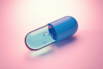 A single blue pill with clear liquid inside  on a pink background.
